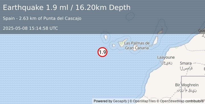 Earthquake CANARY ISLANDS, SPAIN REGION (1.9 ml) (2025-05-08 15:14:58 UTC)
