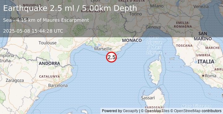 Earthquake WESTERN MEDITERRANEAN SEA (2.5 m) (2025-05-08 15:44:27 UTC)
