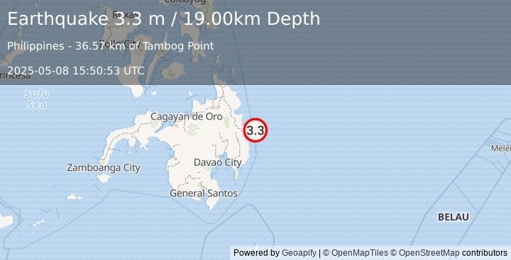 Earthquake MINDANAO, PHILIPPINES (3.3 m) (2025-05-08 15:50:53 UTC)