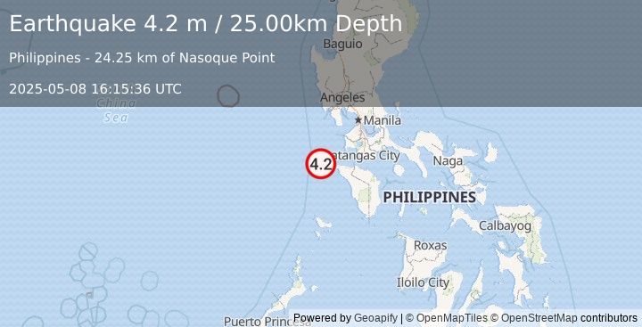 Earthquake MINDORO, PHILIPPINES (4.2 m) (2025-05-08 16:15:36 UTC)