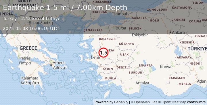 Earthquake WESTERN TURKEY (1.5 ml) (2025-05-08 16:06:19 UTC)
