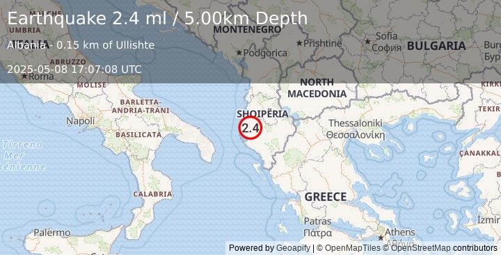 Earthquake ALBANIA (2.1 ml) (2025-05-08 17:07:10 UTC)