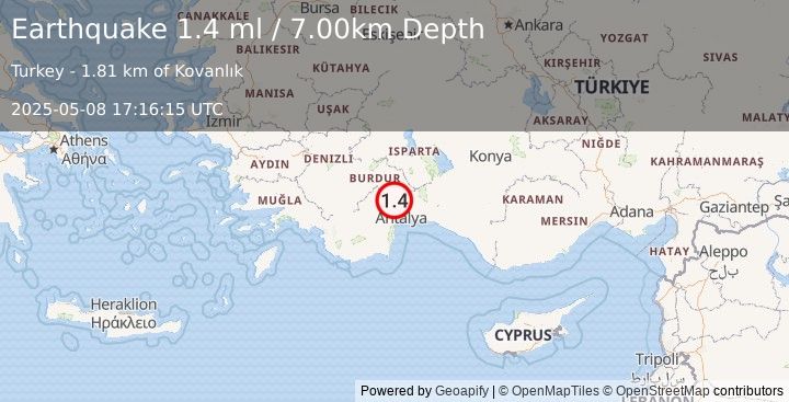 Earthquake WESTERN TURKEY (1.4 ml) (2025-05-08 17:16:15 UTC)