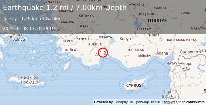 Earthquake WESTERN TURKEY (1.2 ml) (2025-05-08 17:20:29 UTC)