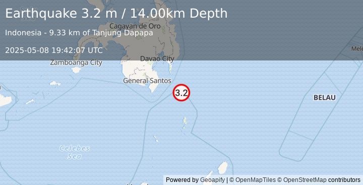 Earthquake MINDANAO, PHILIPPINES (3.2 m) (2025-05-08 19:42:07 UTC)