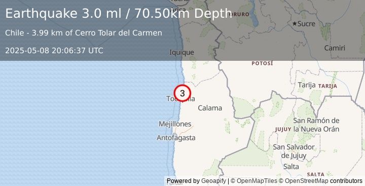 Earthquake ANTOFAGASTA, CHILE (3.0 ml) (2025-05-08 20:06:37 UTC)