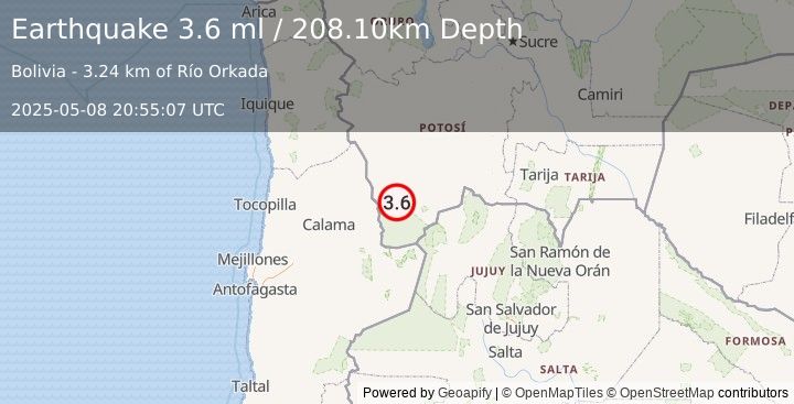 Earthquake POTOSI, BOLIVIA (3.6 ml) (2025-05-08 20:55:07 UTC)