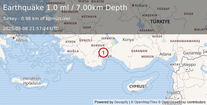 Earthquake WESTERN TURKEY (1.0 ml) (2025-05-08 21:57:24 UTC)