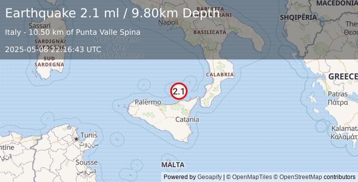 Earthquake SICILY, ITALY (2.1 ml) (2025-05-08 22:16:43 UTC)