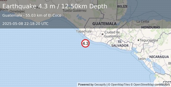 Earthquake OFFSHORE GUATEMALA (4.3 m) (2025-05-08 22:18:20 UTC)