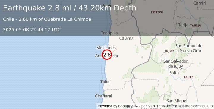 Earthquake ANTOFAGASTA, CHILE (2.8 ml) (2025-05-08 22:43:17 UTC)