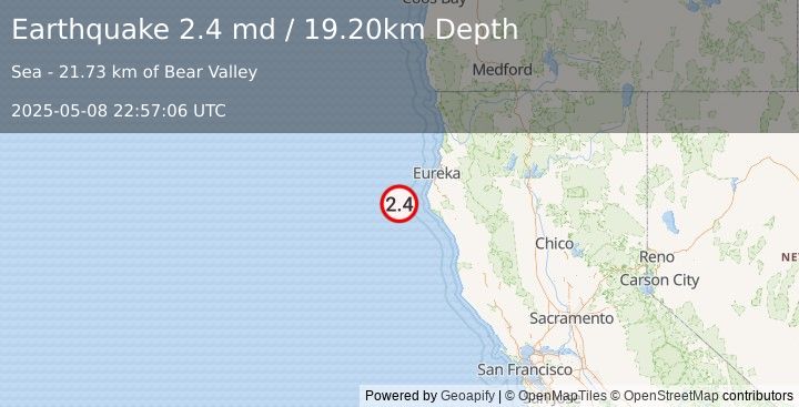 Earthquake OFFSHORE NORTHERN CALIFORNIA (2.4 md) (2025-05-08 22:57:06 UTC)
