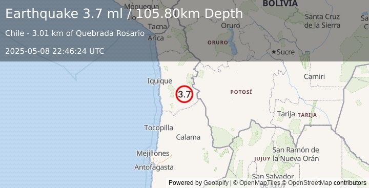 Earthquake TARAPACA, CHILE (3.7 ml) (2025-05-08 22:46:24 UTC)