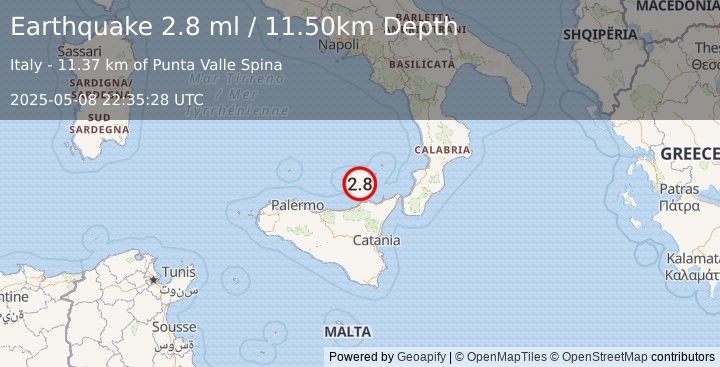 Earthquake SICILY, ITALY (2.8 ml) (2025-05-08 22:35:28 UTC)