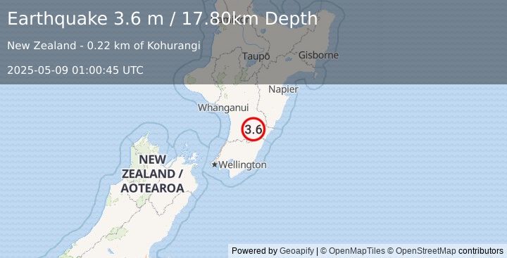 Earthquake NORTH ISLAND OF NEW ZEALAND (3.6 m) (2025-05-09 01:00:45 UTC)
