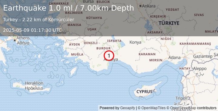 Earthquake WESTERN TURKEY (1.0 ml) (2025-05-09 01:17:30 UTC)