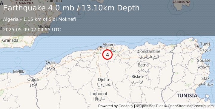 Earthquake NORTHERN ALGERIA (4.0 mb) (2025-05-09 02:04:55 UTC)