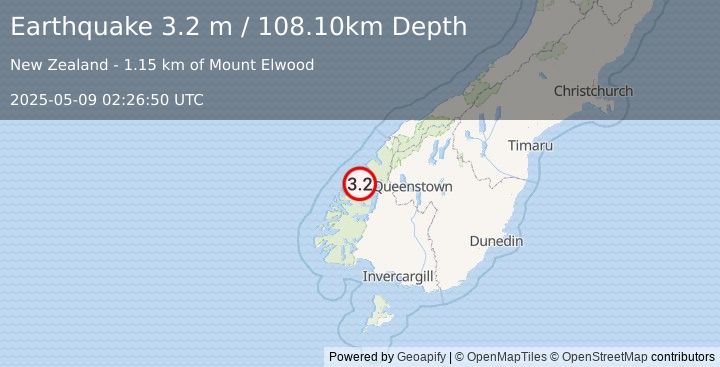 Earthquake SOUTH ISLAND OF NEW ZEALAND (3.2 m) (2025-05-09 02:26:50 UTC)