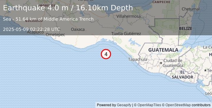 Earthquake OFF COAST OF OAXACA, MEXICO (4.0 m) (2025-05-09 02:22:28 UTC)
