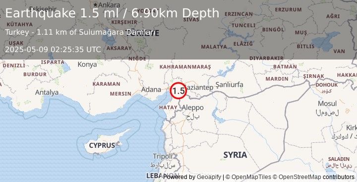 Earthquake TURKEY-SYRIA BORDER REGION (1.5 ml) (2025-05-09 02:25:35 UTC)