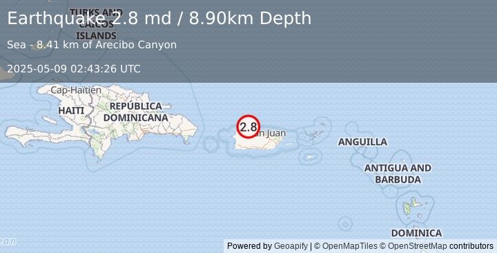 Earthquake PUERTO RICO REGION (2.8 md) (2025-05-09 02:43:26 UTC)