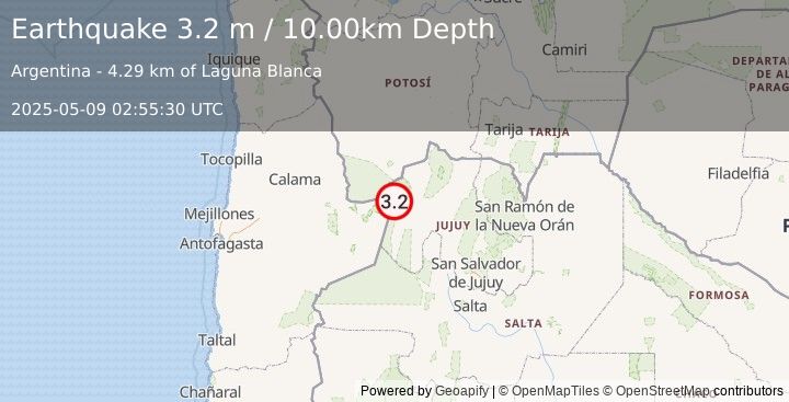 Earthquake JUJUY, ARGENTINA (3.2 m) (2025-05-09 02:55:30 UTC)