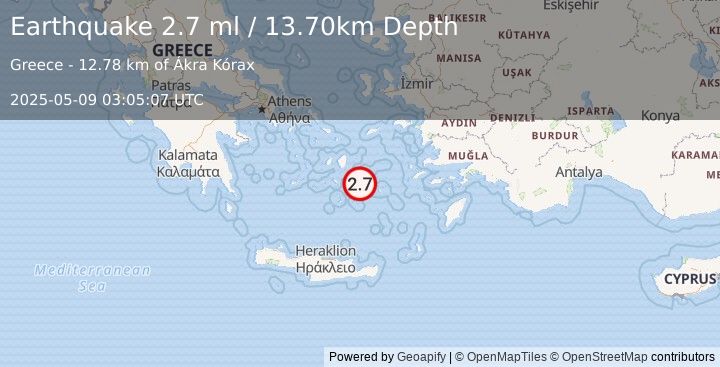 Earthquake DODECANESE ISLANDS, GREECE (2.7 ml) (2025-05-09 03:05:07 UTC)