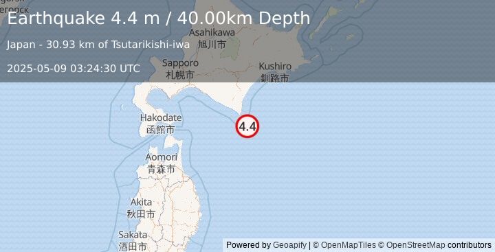 Earthquake HOKKAIDO, JAPAN REGION (4.4 m) (2025-05-09 03:24:05 UTC)