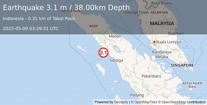 Earthquake NORTHERN SUMATRA, INDONESIA (3.1 m) (2025-05-09 03:29:51 UTC)