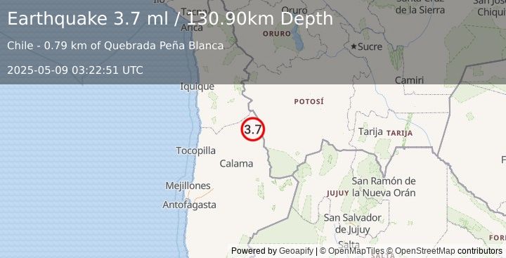 Earthquake ANTOFAGASTA, CHILE (3.7 ml) (2025-05-09 03:22:51 UTC)