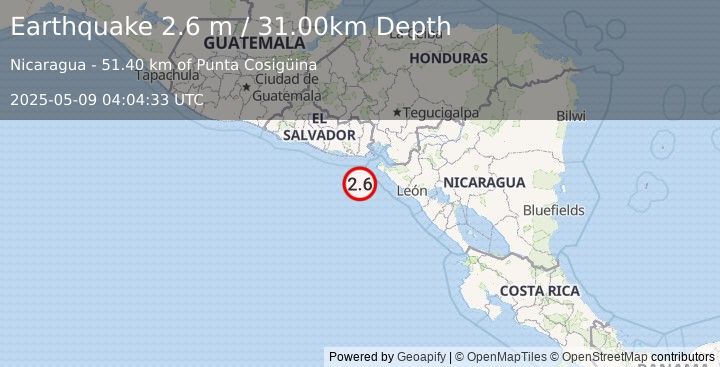 Earthquake NEAR COAST OF NICARAGUA (2.6 m) (2025-05-09 04:04:32 UTC)
