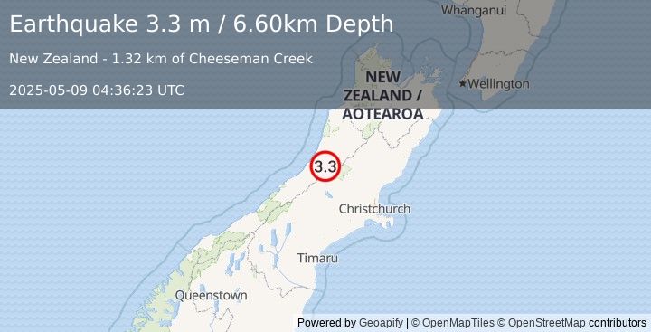 Earthquake SOUTH ISLAND OF NEW ZEALAND (3.3 m) (2025-05-09 04:36:23 UTC)