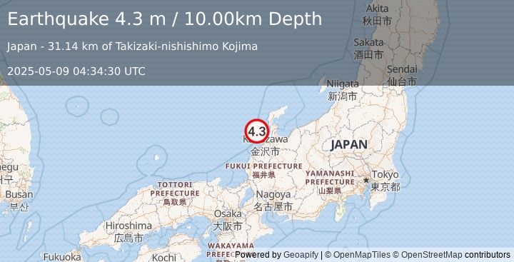 Earthquake NEAR WEST COAST OF HONSHU, JAPAN (4.3 m) (2025-05-09 04:34:30 UTC)