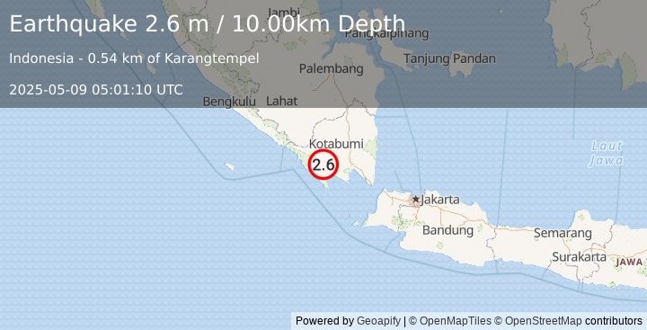 Earthquake SOUTHERN SUMATRA, INDONESIA (2.6 m) (2025-05-09 05:01:10 UTC)