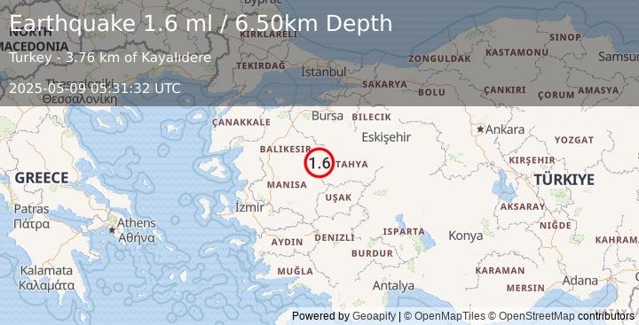 Earthquake WESTERN TURKEY (1.6 ml) (2025-05-09 05:31:32 UTC)