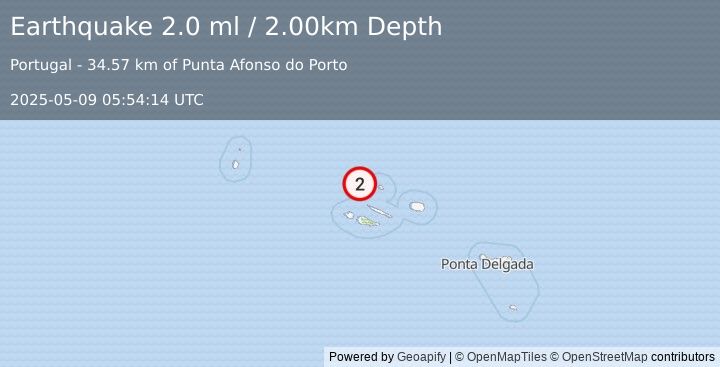 Earthquake AZORES ISLANDS, PORTUGAL (2.0 ml) (2025-05-09 05:54:14 UTC)