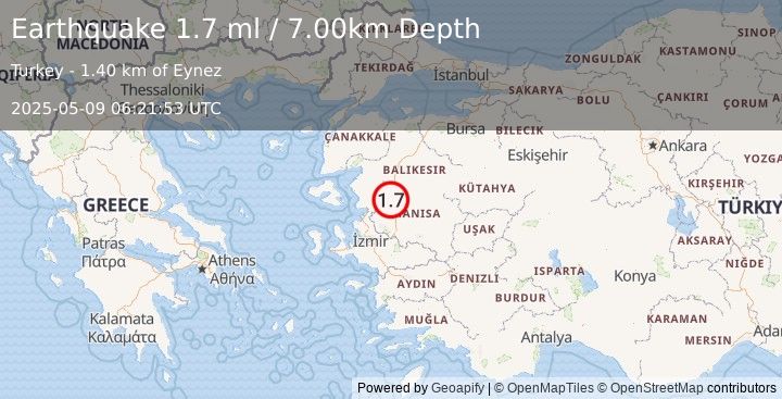 Earthquake WESTERN TURKEY (1.7 ml) (2025-05-09 06:21:53 UTC)