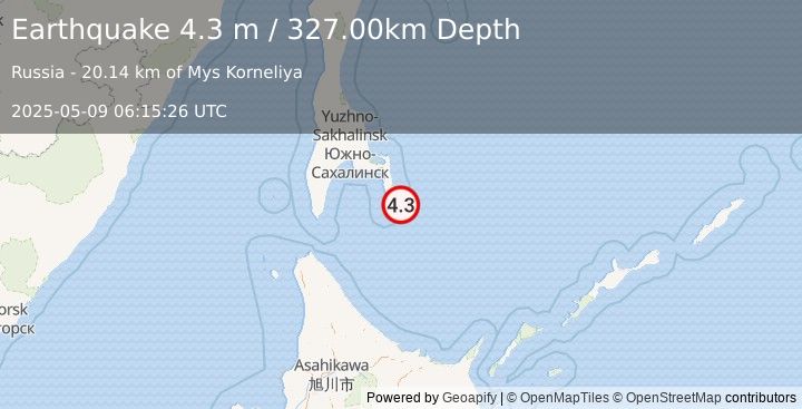 Earthquake SAKHALIN, RUSSIA (4.3 m) (2025-05-09 06:15:26 UTC)