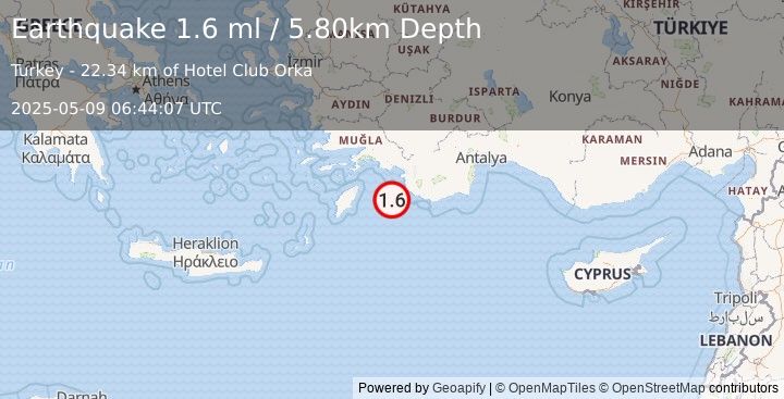 Earthquake DODECANESE IS.-TURKEY BORDER REG (1.6 ml) (2025-05-09 06:44:07 UTC)
