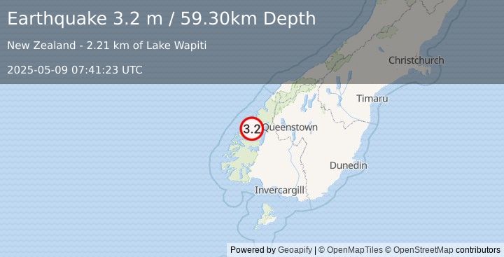Earthquake SOUTH ISLAND OF NEW ZEALAND (3.2 m) (2025-05-09 07:41:23 UTC)