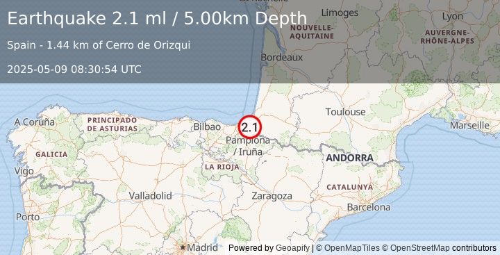 Earthquake PYRENEES (2.2 ml) (2025-05-09 08:30:53 UTC)