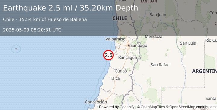 Earthquake OFFSHORE O'HIGGINS, CHILE (2.5 ml) (2025-05-09 08:20:31 UTC)