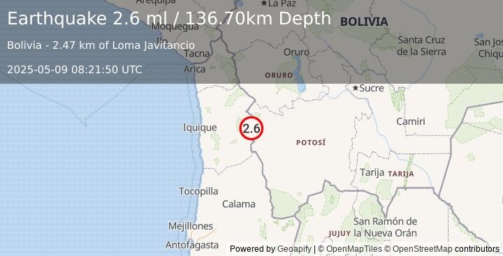 Earthquake POTOSI, BOLIVIA (2.6 ml) (2025-05-09 08:21:50 UTC)