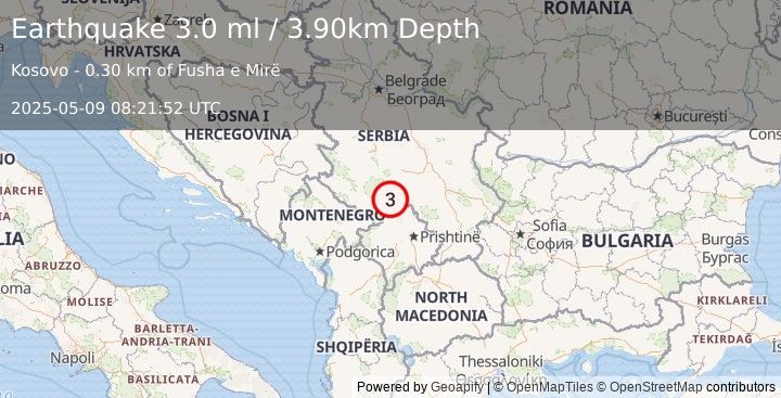 Earthquake KOSOVO (2.8 ml) (2025-05-09 08:21:53 UTC)