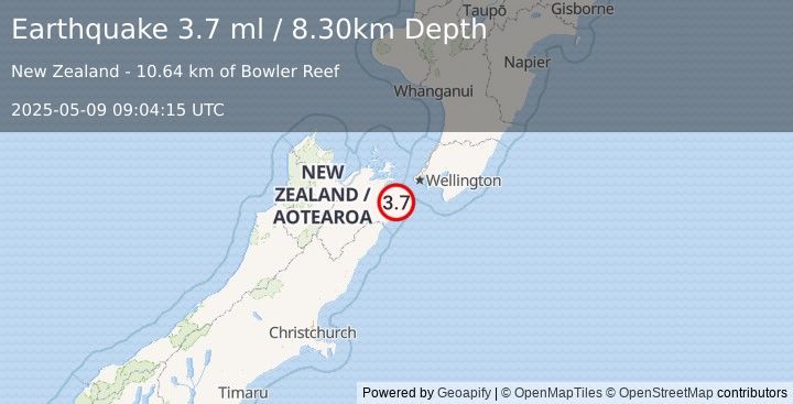 Earthquake COOK STRAIT, NEW ZEALAND (3.7 ml) (2025-05-09 09:04:15 UTC)