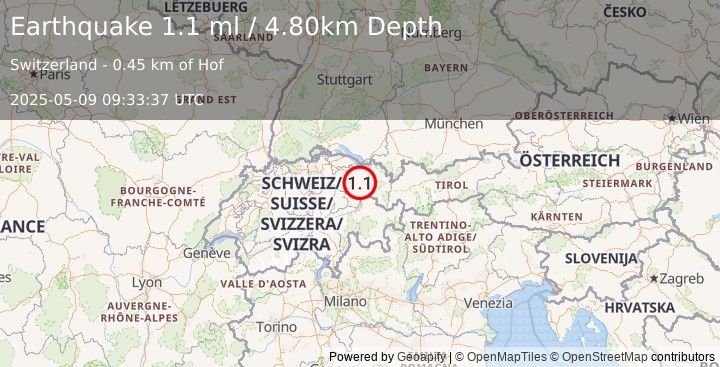 Earthquake SWITZERLAND (1.1 ml) (2025-05-09 09:33:37 UTC)