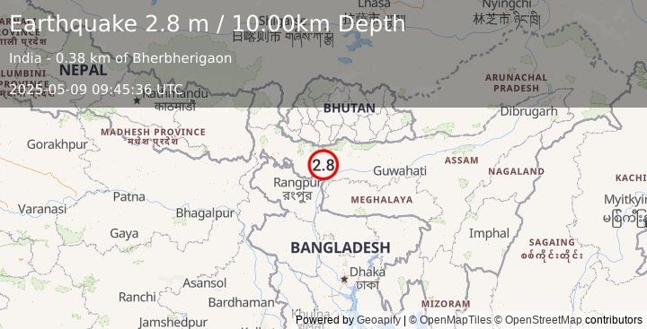 Earthquake INDIA-BANGLADESH BORDER REGION (2.8 m) (2025-05-09 09:45:36 UTC)