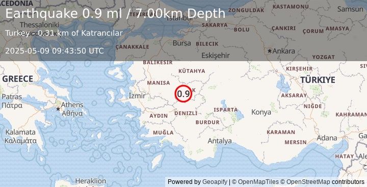 Earthquake WESTERN TURKEY (0.9 ml) (2025-05-09 09:43:50 UTC)