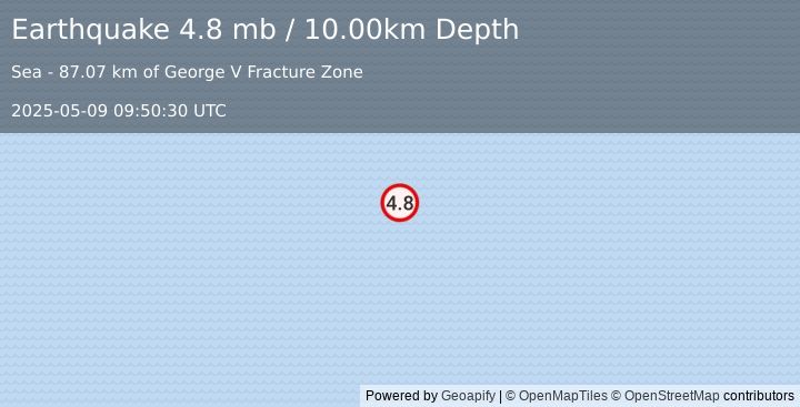 Earthquake WEST OF MACQUARIE ISLAND (4.8 mb) (2025-05-09 09:50:30 UTC)