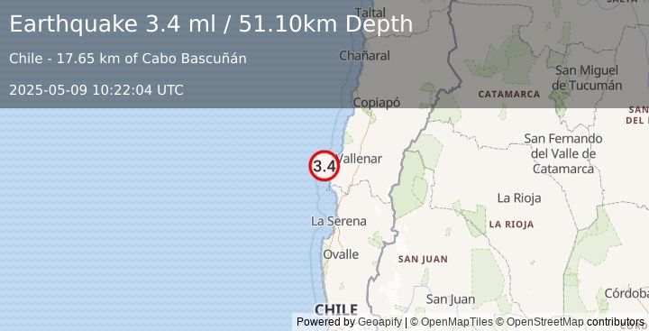 Earthquake OFFSHORE ATACAMA, CHILE (3.4 ml) (2025-05-09 10:22:04 UTC)